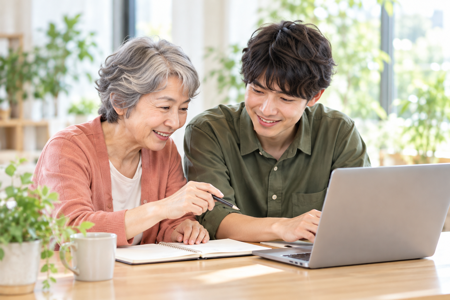 世代を越えて相談する二人の学習イメージ（AI生成）