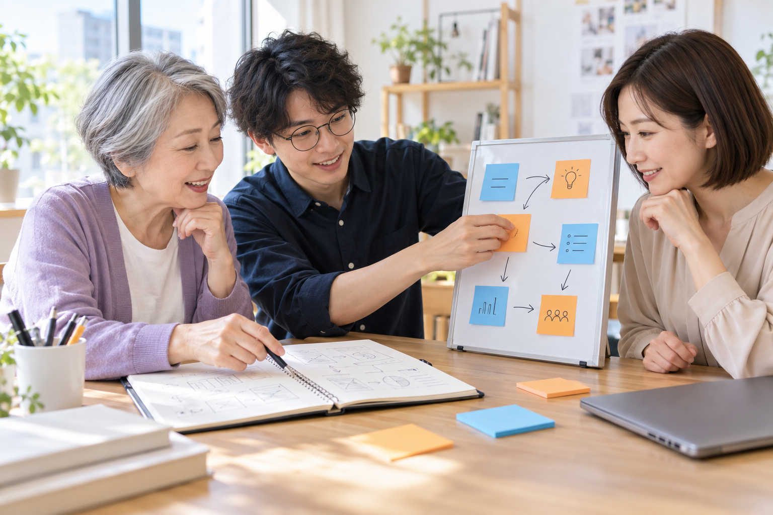 それぞれの視点で協力する三人の学習イメージ（AI生成）